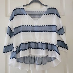 Vneck High-Low Striped Top Blue White Navy Ruffle Hem Medium